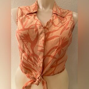 Tommy Bahama Silk Blouse 14 Sleeveless Tie Waist Coral Tropical Floral Hawaiian